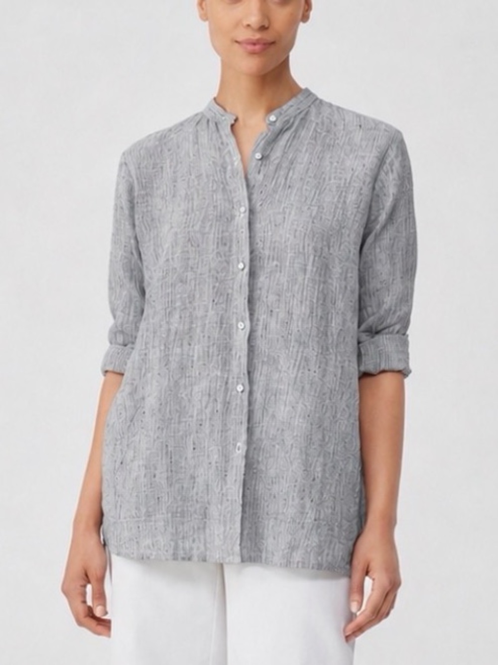 Eileen Fisher Crinkle Organic Linen Easy Fit Tunic Top M Band Collar Neutral